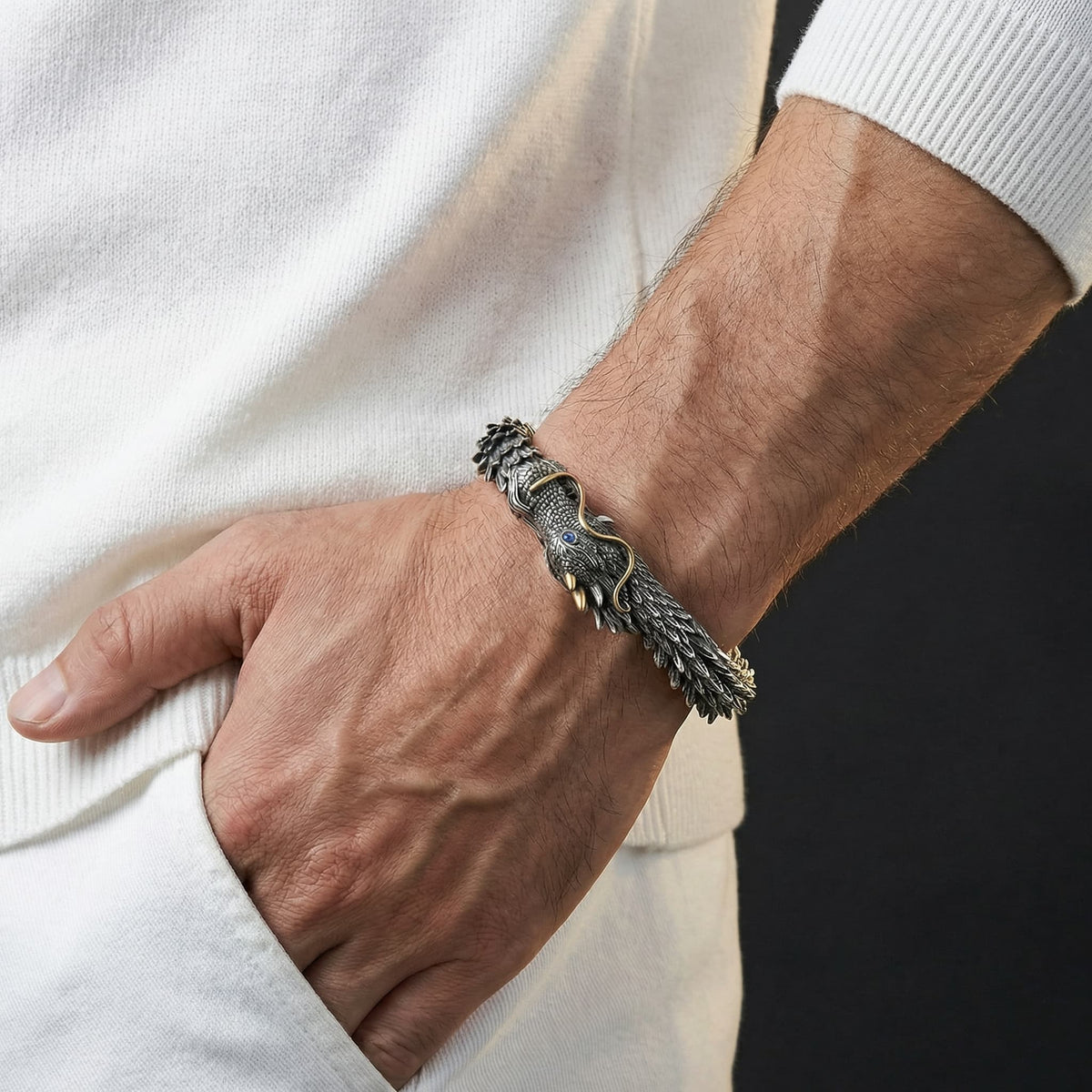 Bracelete Dragão 3D - Prata 925 e Ouro 9k